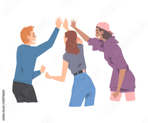 Happy People Giving High Five, Cheerful Friends or Colleagues Characters Meeting, Happiness, Agreement or Joy Expression Cartoon Style Vector Illustration