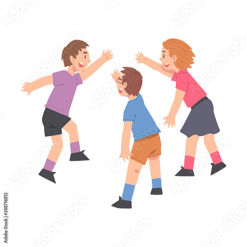 Three Happy Boys Giving High Five, Cheerful Friends Characters Meeting, Happiness, Agreement or Joy Expression Cartoon Style Vector Illustration