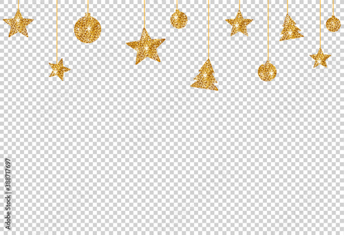 Christmas glitter golden decoration, star, ball, tree hanging from top isolated  on png or transparent  background, space for text, sale banner template , New Year, Birthdays,  luxury card, vector