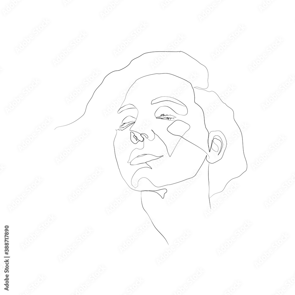 SINGLE-LINE DRAWING OF A FEMALE FACE 8. This hand-drawn, continuous, line illustration is part of a collection artworks inspired by the drawings of Picasso. Each gesture sketch was created by hand. 
