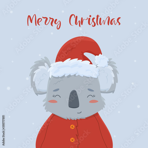 Photography Christmas holiday card or poster with cute koala dressed as santa claus in cartoon style
