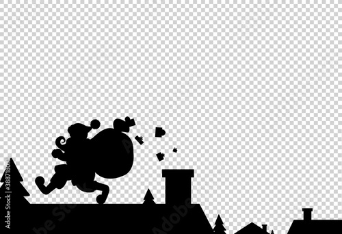 Santa Claus cary big bag gift  walking on  house roof with chimney in Christmas  night isolated  on png or transparent  background, space for text, sale banner template , New Year, luxury card, vector