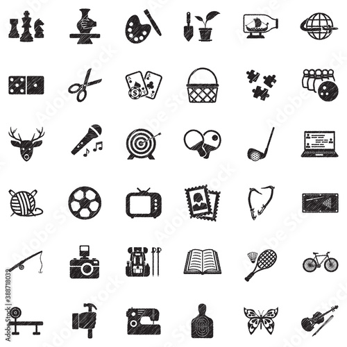 Hobbies Icons. Black Scribble Design. Vector Illustration.