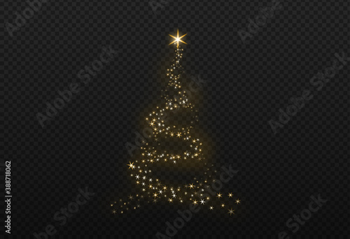 Christmas tree gold bokeh glitter particles isolate on png or transparent  background with sparkling  snow, star light  fo , New Year, Birthdays, Special event, luxury card,  rich style.  Vector