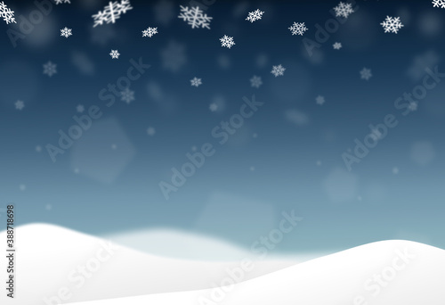 Christmas bokeh falling snow with snowy landscape isolate on blue  background with sparkling  snowflake, star light  for New Year, Birthdays, Special event, luxury card,  rich style.  illustration