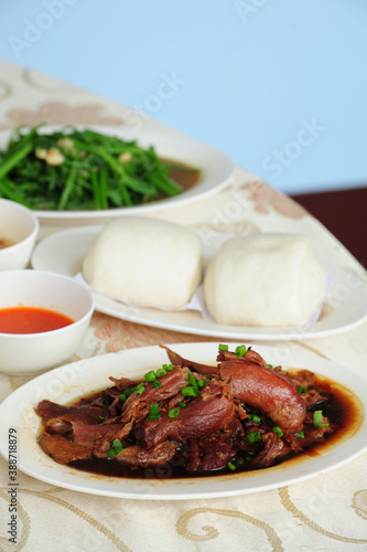 Herb stewed pork legs and mantou are famous dishes of Doi Mae Salong, Thailand.