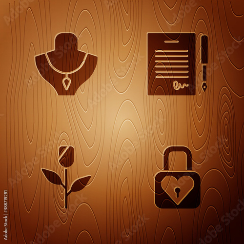 Set Lock and heart, Necklace on mannequin, Flower rose and Marriage contract on wooden background. Vector.