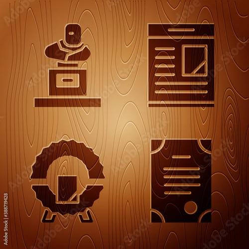 Set Death certificate, Grave with tombstone, Memorial wreath and Obituaries on wooden background. Vector.