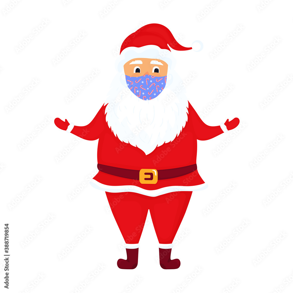 Santa Claus wears a protective face mask. Vector illustration. Cartoon character. Santa Claus wears a protective face mask. Vector illustration. Cartoon character.