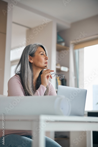 Charming woman working on project and using notebook at home
