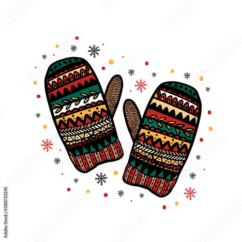 Merry Christmas decoration hand drawn.Doodle style greeting card with knitted warm mittens .