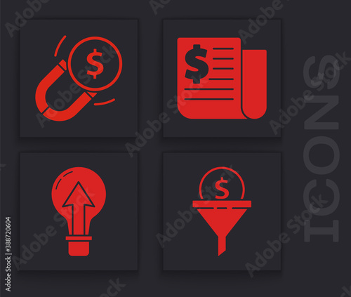 Set Lead management, Magnet with money, Financial news and Light bulb icon. Vector.