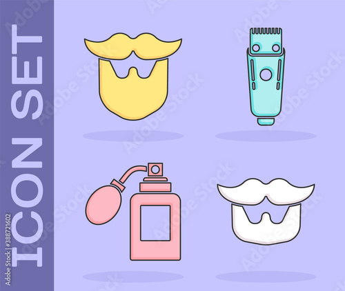 Set Mustache and beard, Mustache and beard, Aftershave bottle with atomizer and Electrical hair clipper or shaver icon. Vector.