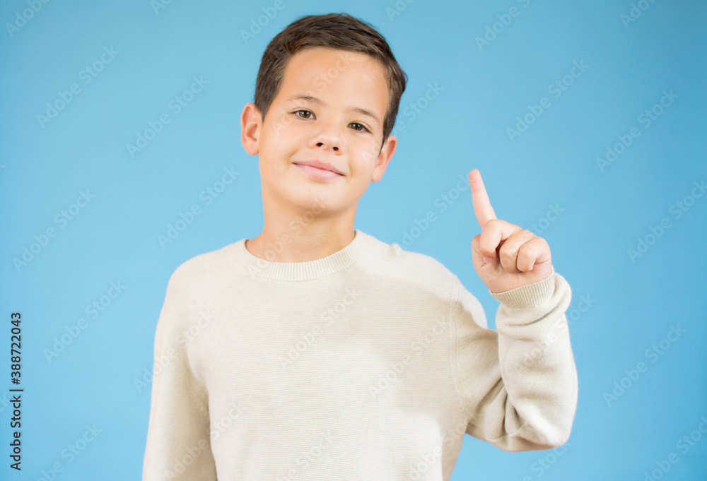 Happy young boy in casual sweater pointing up looking at the camera over blue background Happy young boy in casual sweater pointing up looking at the camera over blue background