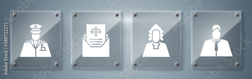 Set Lawyer, attorney, jurist, Judge, Subpoena and Police officer. Square glass panels Vector Illustration