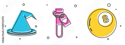 Set Witch hat, Bottle with love potion and Magic ball of predictions icon. Vector.