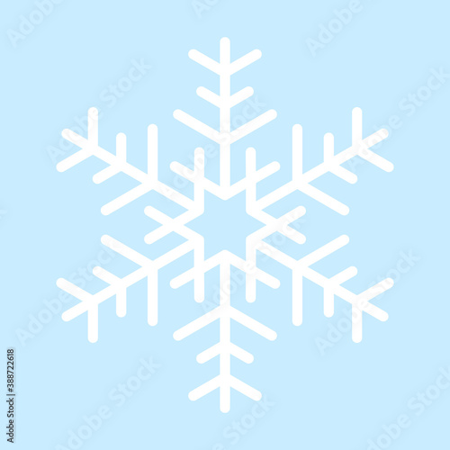 White vector snowflake on blue background. Simple flat snowflake icon. Vector illustration for Christmas and New Year