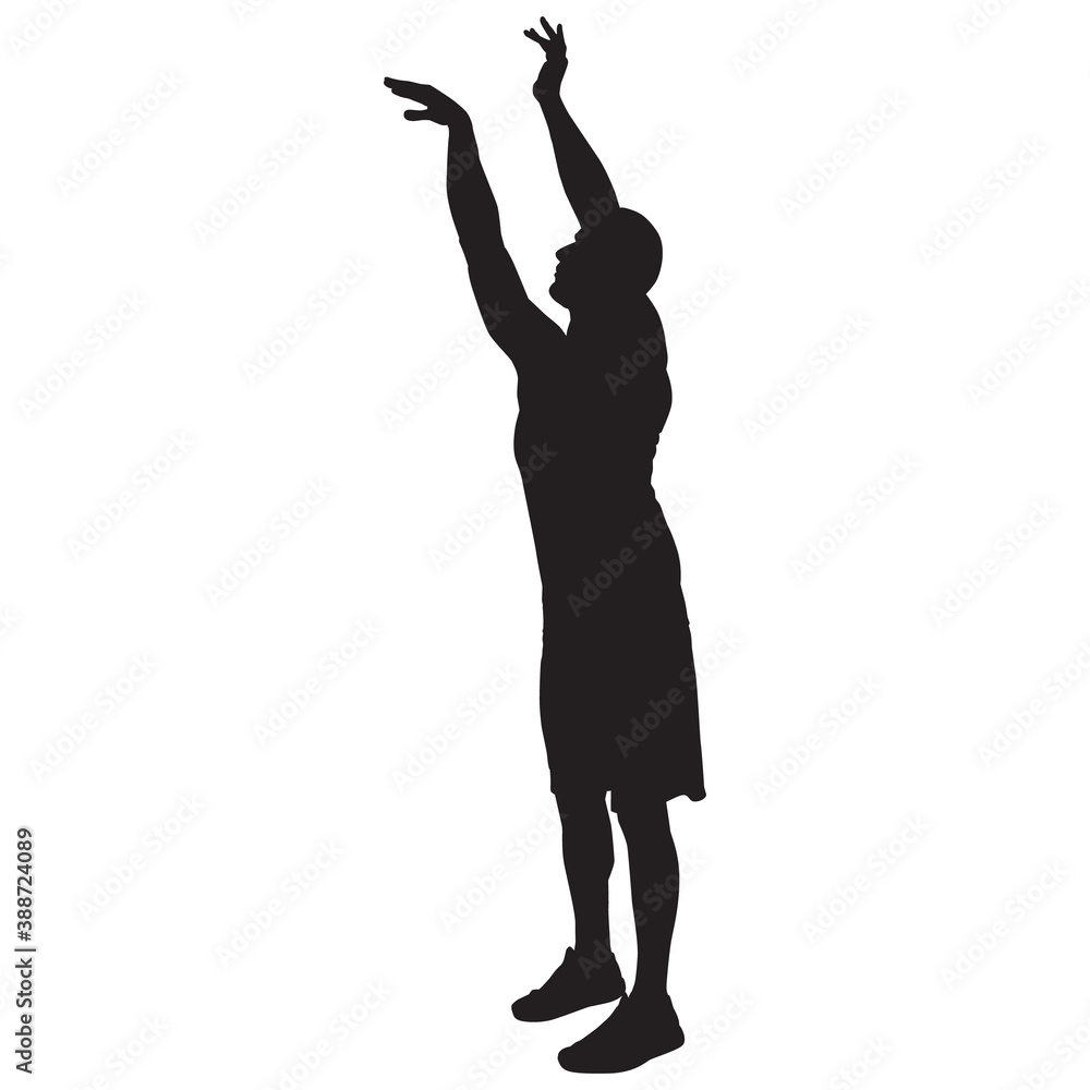 Professional basketball player silhouette shooting ball into the hoop, vector illustration Professional basketball player silhouette shooting ball into the hoop, vector illustration