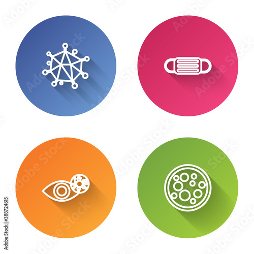 Set line Virus, Medical protective mask, Reddish eye due to virus and . Color circle button. Vector.
