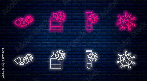 Set line Bottle with virus, Test tube, Reddish eye due to and Virus. Glowing neon icon on brick wall. Vector.