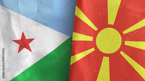 North Macedonia and Djibouti two flags textile cloth 3D rendering