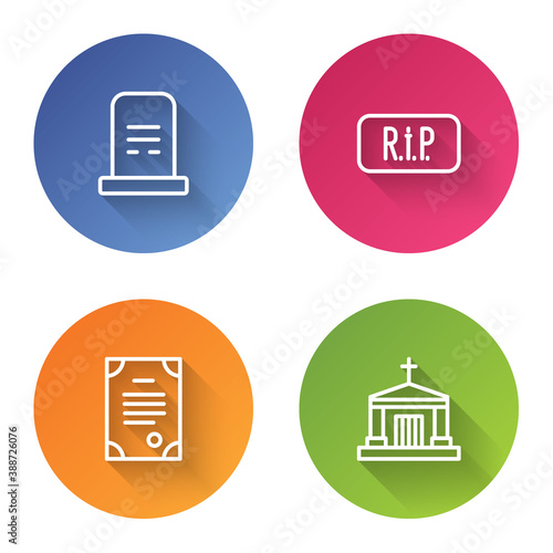 Set line Grave with tombstone, Speech bubble rip death, Death certificate and Old crypt. Color circle button. Vector.