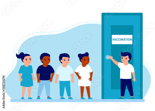 Children flu vaccine injections, kids vaccination. Line children at door hall clinic. Prevention and treatment, flu shots, virus vaccinations. Health care, prevention, immunization in hospital. Vector