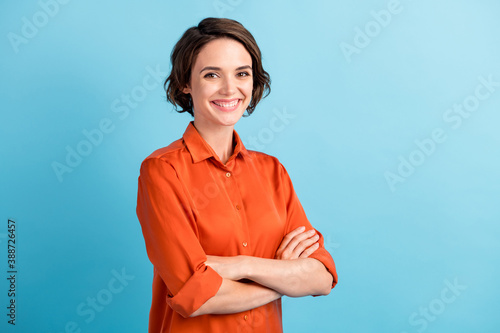 Photo of pretty attractive lady bobbed hairdo arms crossed self-confident person Fototapet