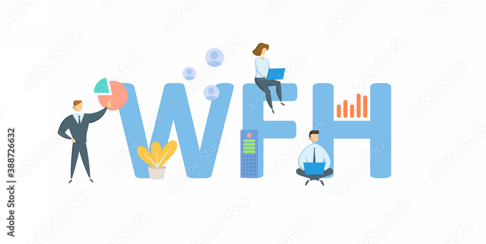 WFH, Work From Home. Concept with keywords, people and icons. Flat vector illustration. Isolated on white background.