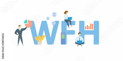 WFH, Work From Home. Concept with keywords, people and icons. Flat vector illustration. Isolated on white background.