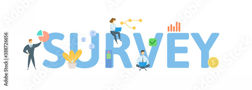 Survey. Concept with keywords, people and icons. Flat vector illustration. Isolated on white background.