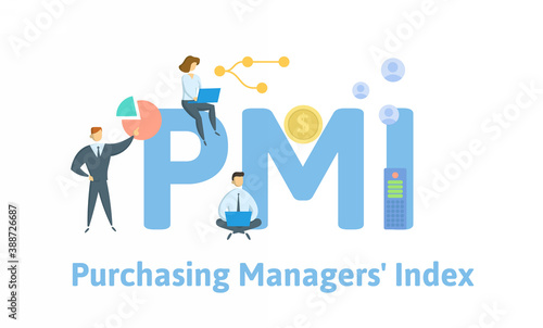 PMI, Purchasing Managers Index. Concept with keywords, people and icons. Flat vector illustration. Isolated on white background. photo