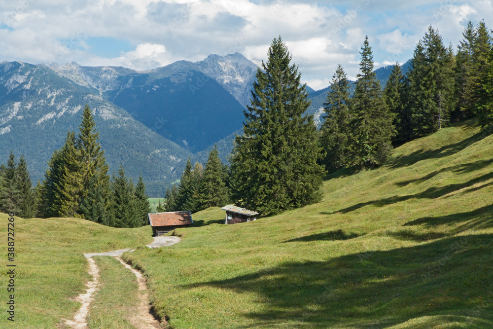 Almwiesen und Berge in Oberbayern