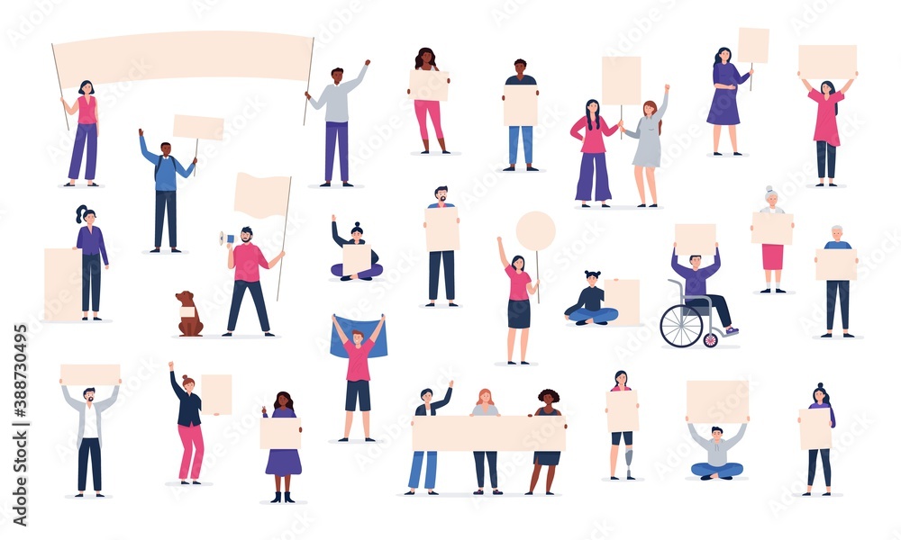 A big crowd of protesting people holding placards. Political active people taking part in a rally, protest. Strikes, protest around the world. Vector flat illustration. 