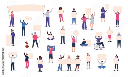 A big crowd of protesting people holding placards. Political active people taking part in a rally, protest. Strikes, protest around the world. Vector flat illustration. 