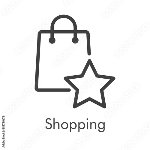 Símbolo de tienda en línea. Logotipo lineal con texto Shopping con bolsa de la compra con estrella en color gris