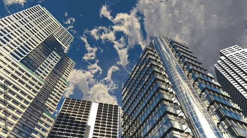 Skyscrapers and sky  modern high-rise buildings against the sky with clouds  bottom view  3d rendering
