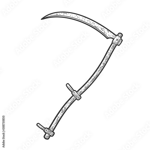 scythe agricultural hand tool for mowing grass or reaping crops sketch engraving vector illustration. T-shirt apparel print design. Scratch board imitation. Black and white hand drawn image.
