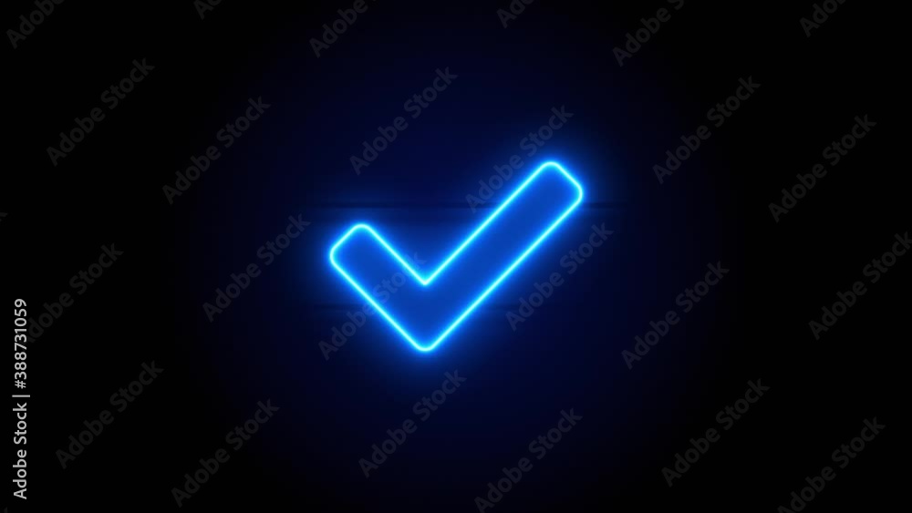 Check neon sign appear in center and disappear after some time. Animated blue neon symbol on black background. Looped animation. Check neon sign appear in center and disappear after some time. Animated blue neon symbol on black background. Looped animation.