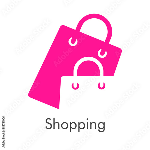 Símbolo de tienda en línea. Logotipo con texto Shopping con bolsa de la compra en color rosa con bolsa en espacio negativo