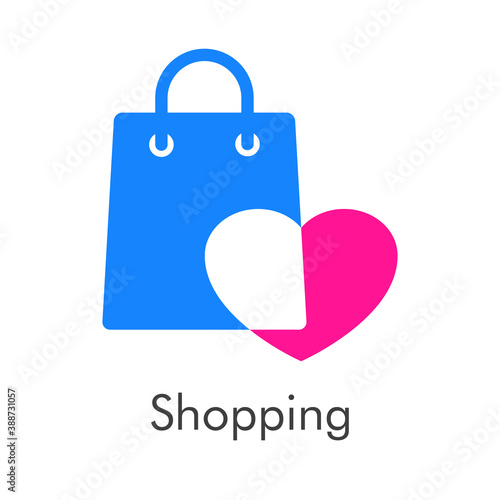 Símbolo de tienda en línea. Logotipo con texto Shopping con bolsa de la compra con corazón en espacio negativo en color azul y rosa