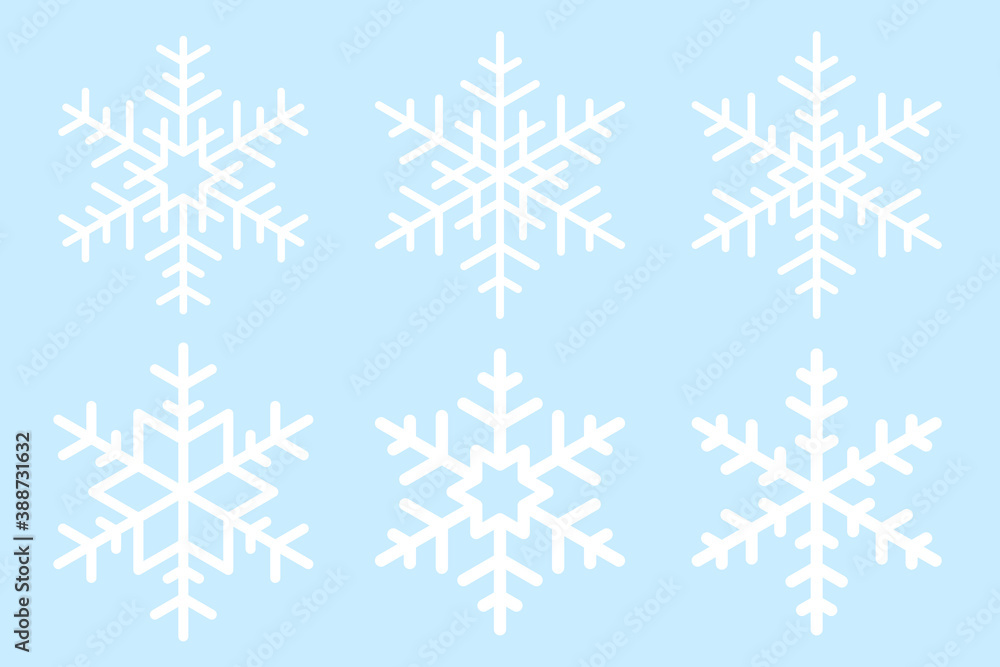 Set of white vector snowflake on blue background. Simple flat snowflake icons. Vector illustration for Christmas and New Year