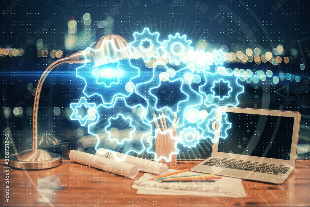 Multi exposure of business theme icons and work space with computer background. Concept of success. Multi exposure of business theme icons and work space with computer background. Concept of success.
