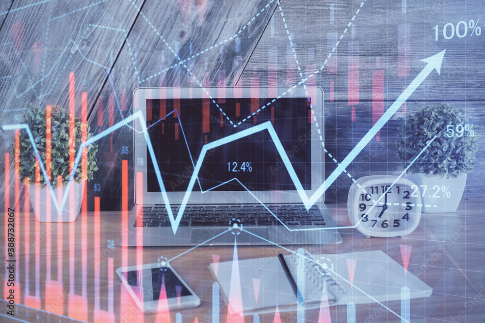 Multi exposure of forex chart and work space with computer. Concept of international online trading. Multi exposure of forex chart and work space with computer. Concept of international online trading.