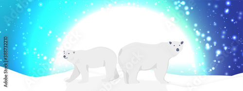 Winter arctic landscape whith polar bears . Glowing sun and northen lights in the sky. Fairy tale vector illustration © zmshv