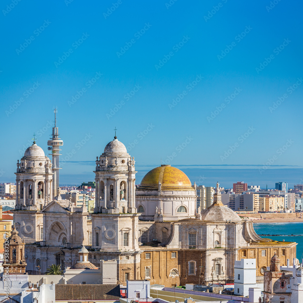 Cadiz Cathedral under clear blue sky for text space