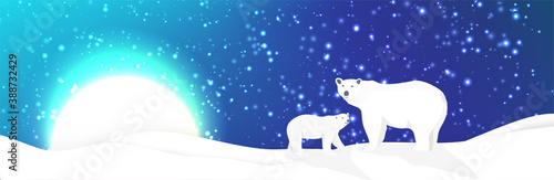 Winter arctic landscape whith polar bears . Glowing sun and northen lights in the sky. Fairy tale vector illustration