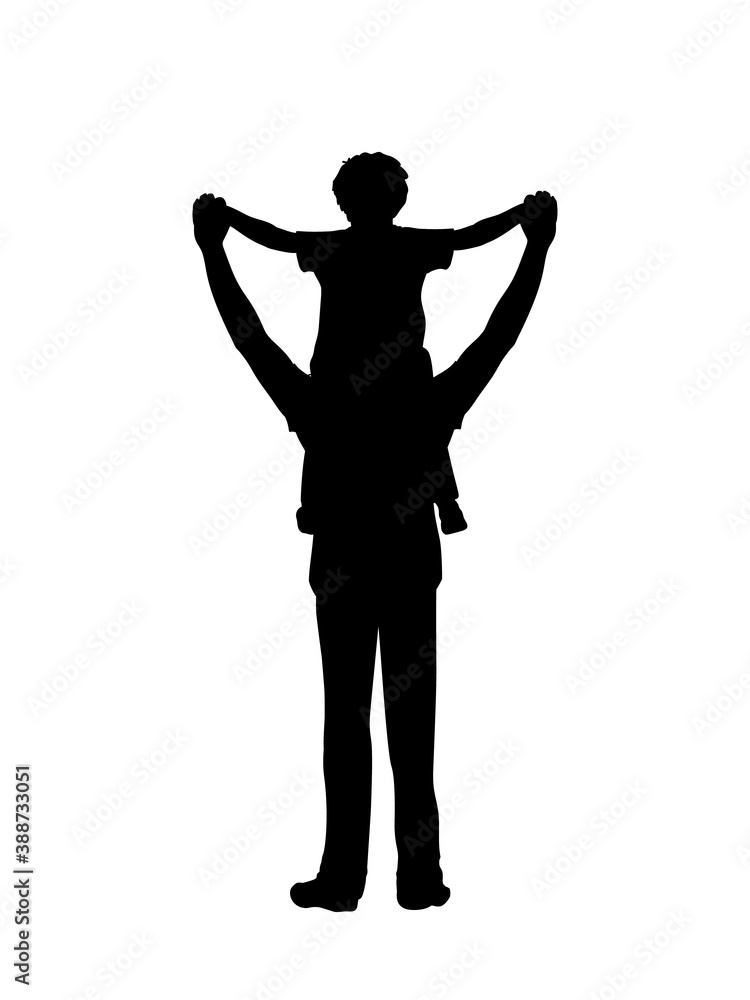 Silhouette father standing with his son on his shoulders from back