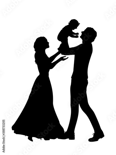 Silhouettes happy father and mother holding newborn baby