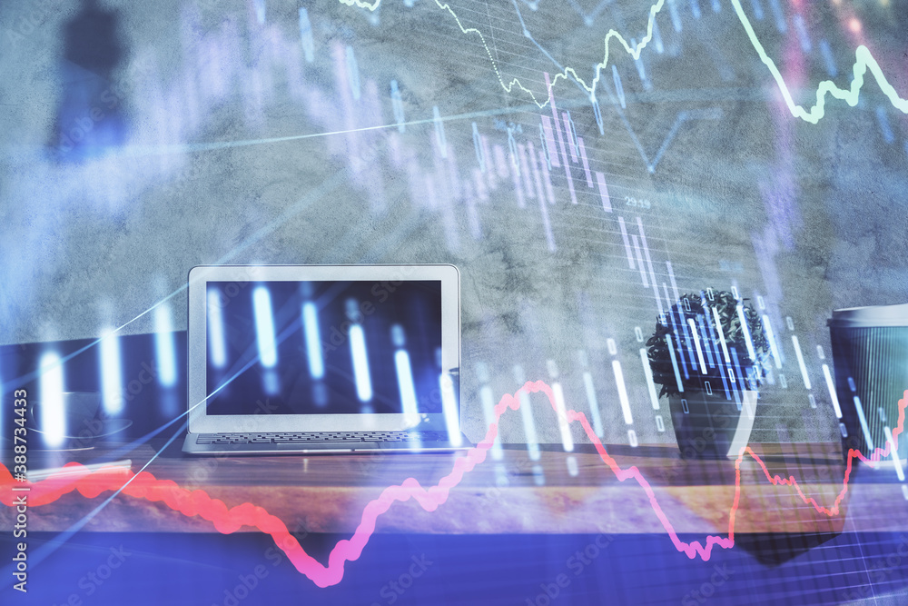 Double exposure of graph and financial info and work space with computer background. Concept of international online trading. Double exposure of graph and financial info and work space with computer background. Concept of international online trading.